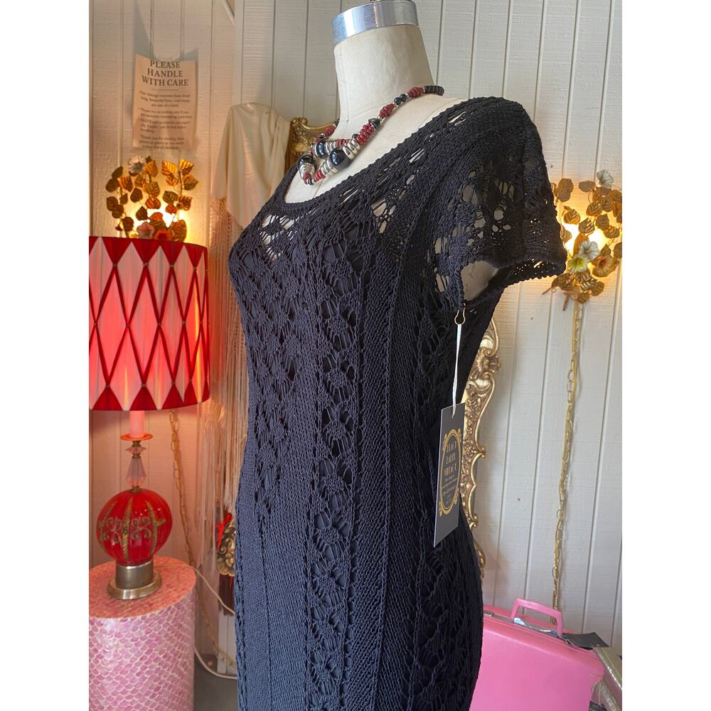 vintage black crochet maxi dress with slip, knit dress, hipie boho style, med 29